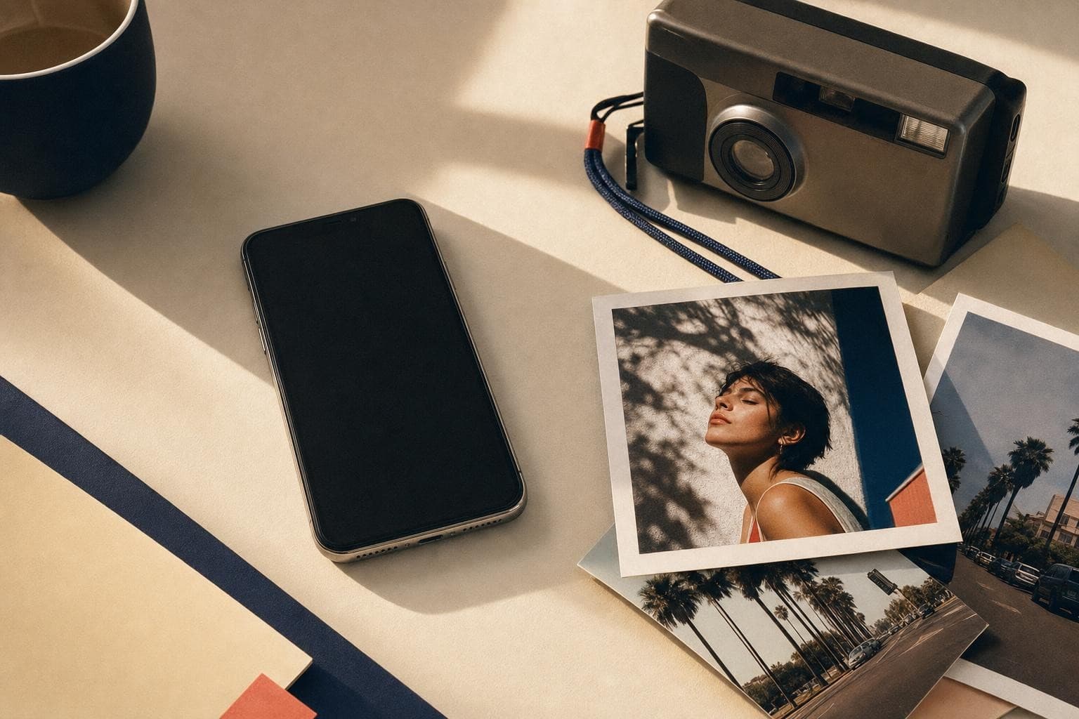 A smartphone and photo prints on a warm tabletop